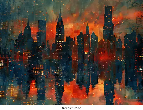 Cityscape Illustration of a Night City Reflection
