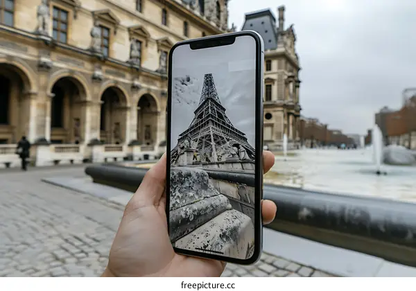 Person Holding Smartphone with Eiffel Tower Photo in Paris