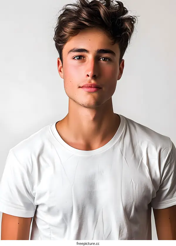 Portrait of a young male model with brown hair and green eyes wearing a white t-shirt