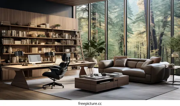Modern Home Office with Large Windows Overlooking Forest