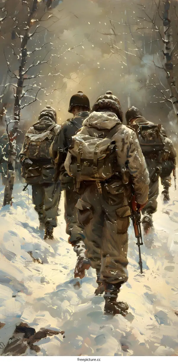 American soldiers trudging through snow in the Korean War