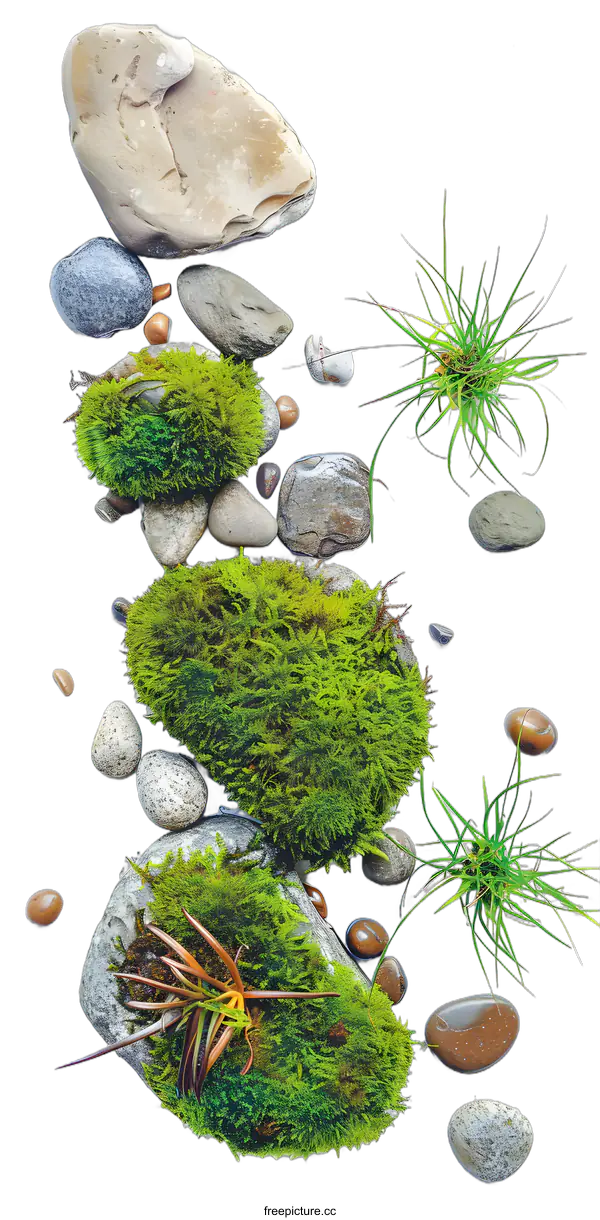 [Transparent Background PNG]Green Moss and Stones on White Background
