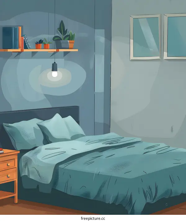 Cozy Bedroom with a Bedside Table and a Hanging Light Bulb