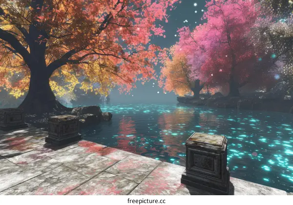 Fantasy landscape with pink trees and blue water