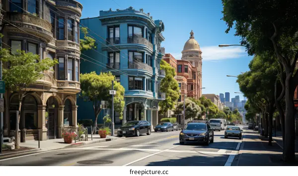A wide shot of a street with colorful buildings and cars parked on either side