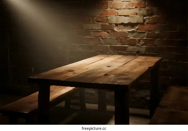 Rustic wooden table and bench set against a brick wall with soft lighting