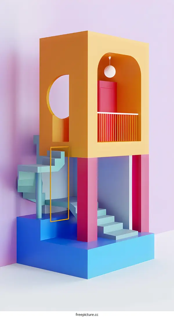 Abstract Colorful 3D Render of a Modern House With Stairs and Balcony