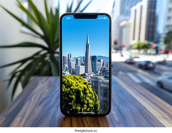 Smartphone Screen Showing Cityscape With Skyscrapers