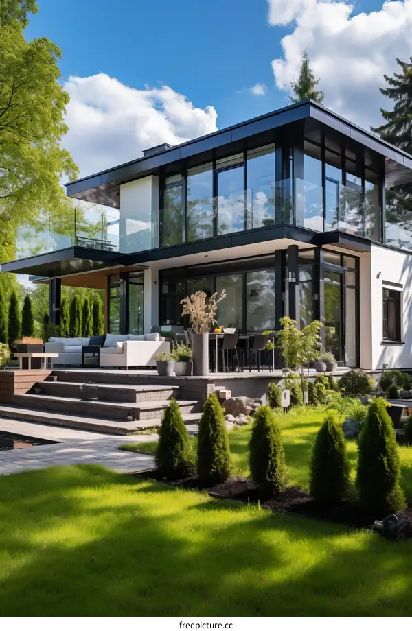 Neutral Modern House Facade With Large Glass Windows