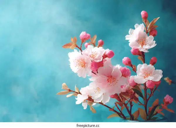 Beautiful Spring Cherry Blossoms on Teal Background