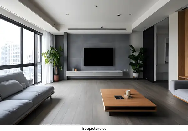 Modern Living Room Interior Design with Grey Sofa and Wooden Coffee Table