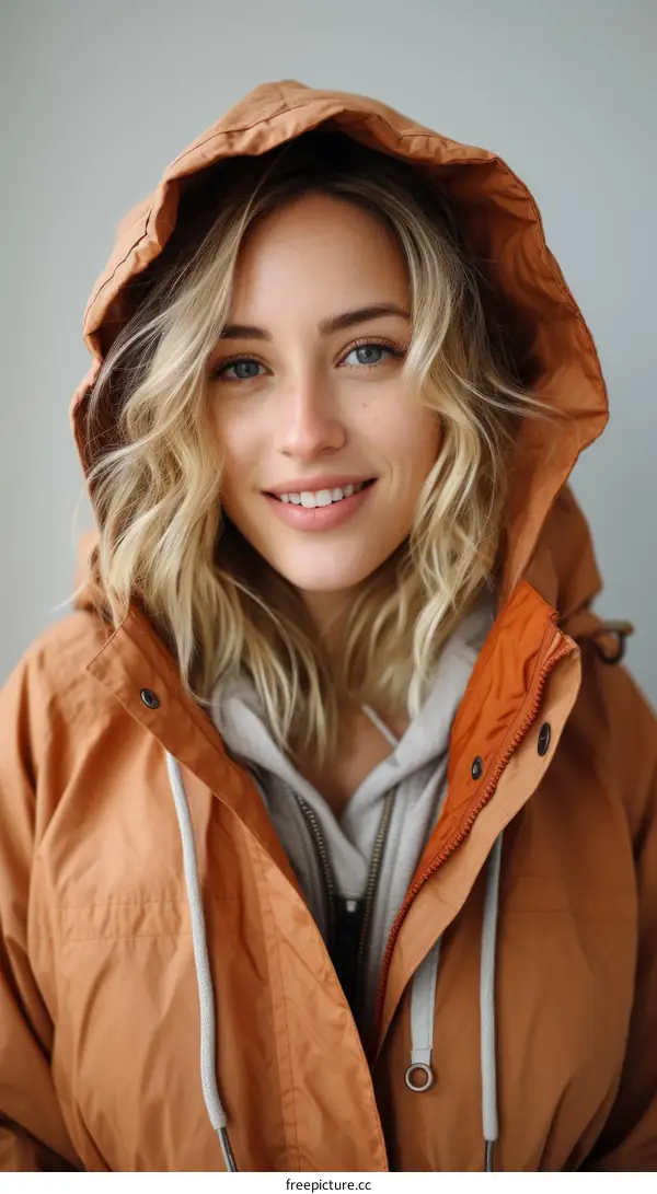 Portrait of a smiling young woman wearing an orange hooded jacket
