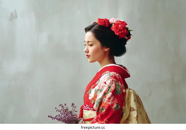 Elegant Asian Woman in Traditional Japanese Kimono