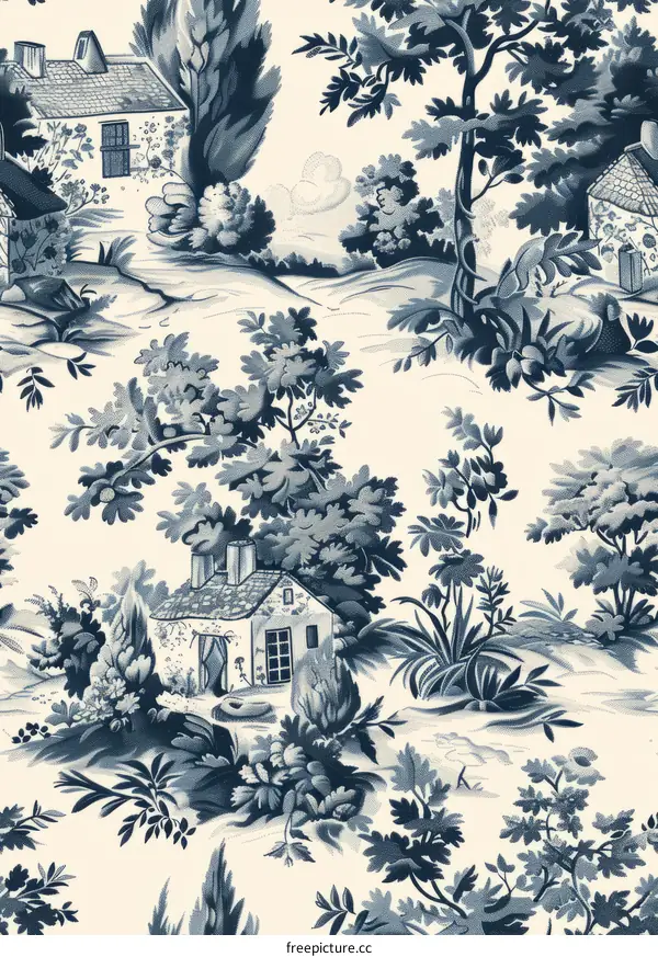 Blue and white toile de jouy french country house and tree print