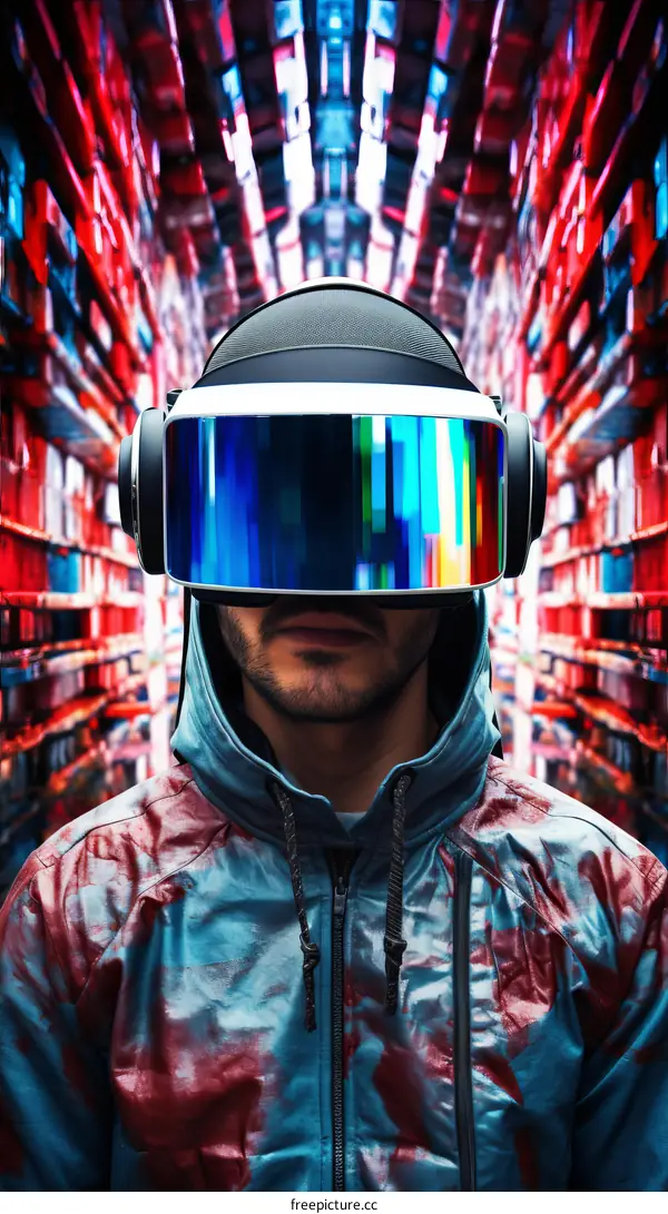 A person wearing a virtual reality headset stands in a colorful tunnel