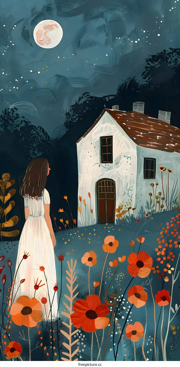 girl in a field of flowers at night
