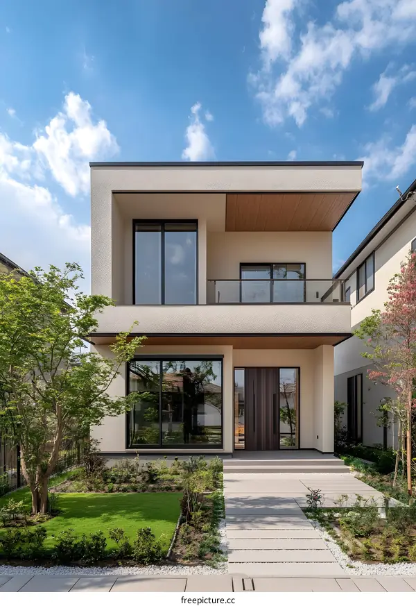 Modern House Exterior with Front Yard and Lawn
