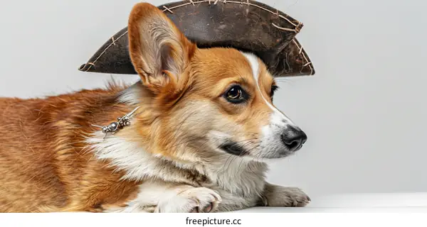 A cute corgi dog wearing a pirate hat