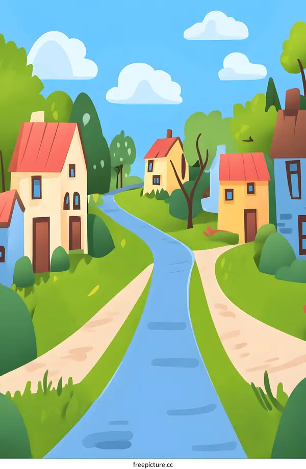 Cartoon Illustration Of A Winding Road With Houses And Trees