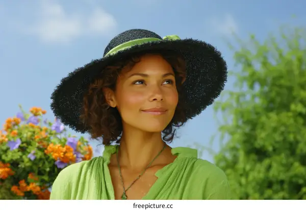 A woman wearing a wide-brimmed hat in a garden setting