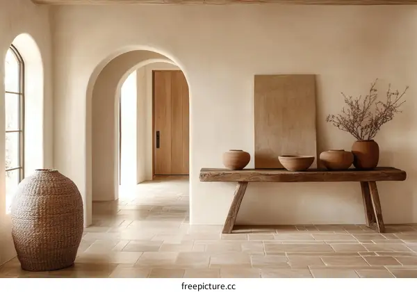 Neutral Color Interior Design with Rustic Wooden Furniture