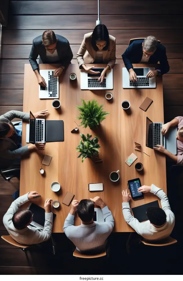 Top view of a diverse group of business professionals having a meeting around a wooden table in a modern office