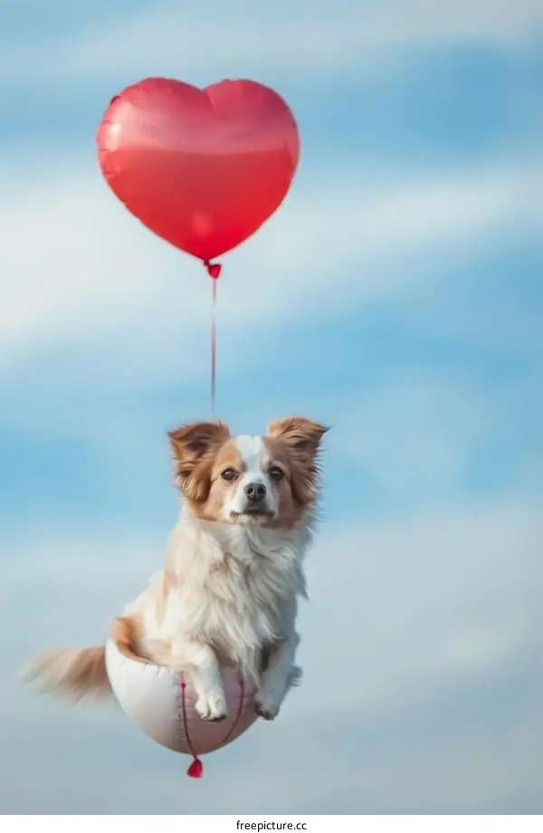 A dog is flying in the sky with a red heart-shaped balloon