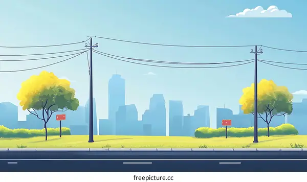 City Skyline View From Road with Trees