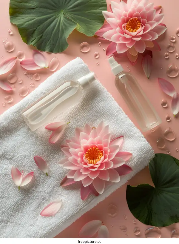 Spa and wellness setting with lotus flowers and water drops
