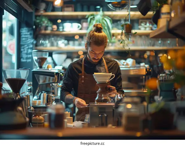 Focused barista making pour-over coffee in a coffee shop