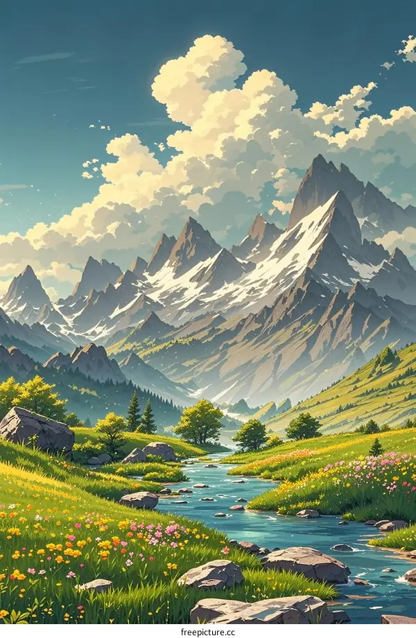 Beautiful Mountain Landscape with Clear Stream and Blooming Flowers