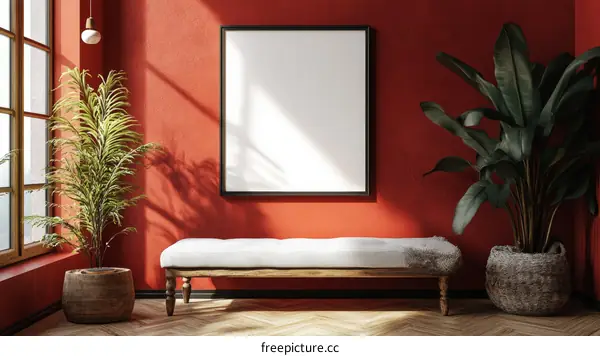 Red Room Interior Mockup with Blank Frame