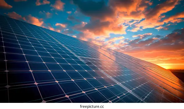 A large solar panel field under a setting sun