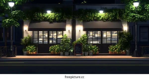 Nighttime View of a Small Store with Green Plants