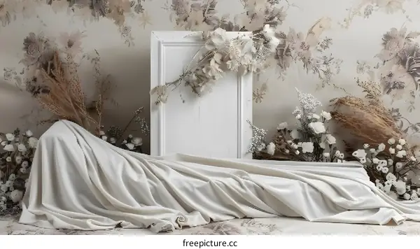 White Fabric Draped Over Flowers and White Frame