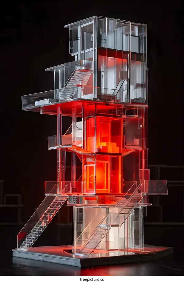 Modern Glass and Steel Building Model Illuminated by Red Light