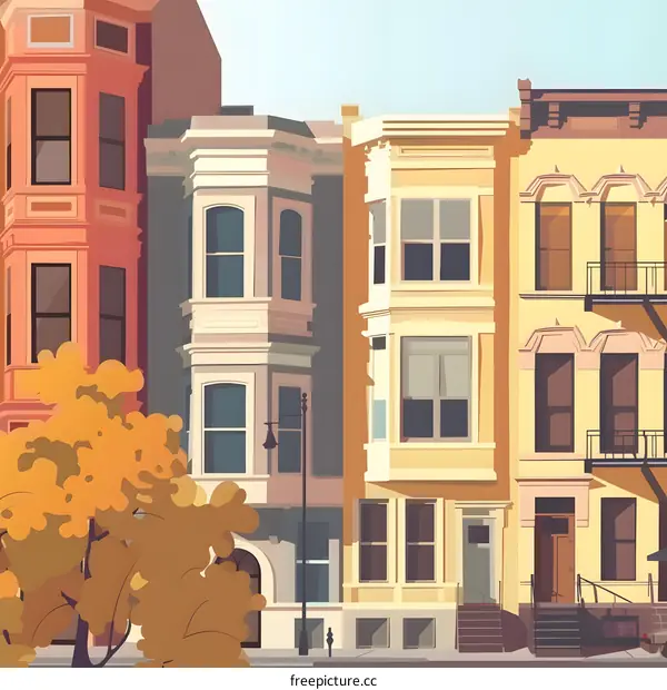 Colorful Row Houses With Autumn Tree