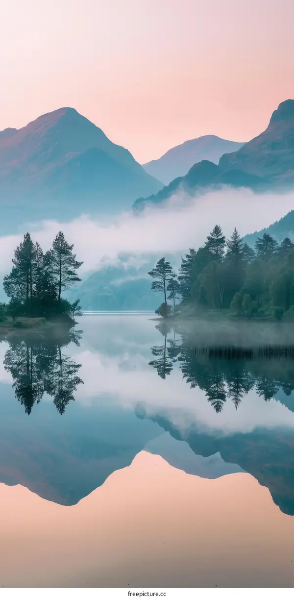 Misty mountains and lake landscape with trees reflecting in the water