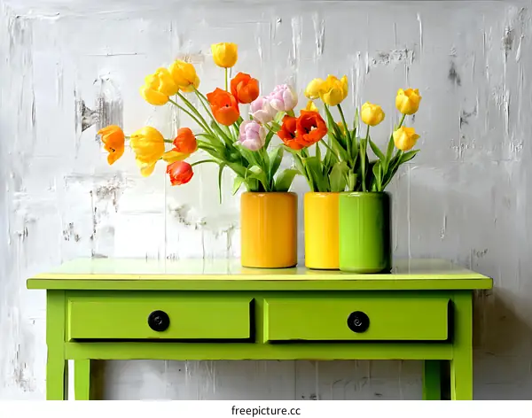 Colorful Tulips in Vases on a Green Table
