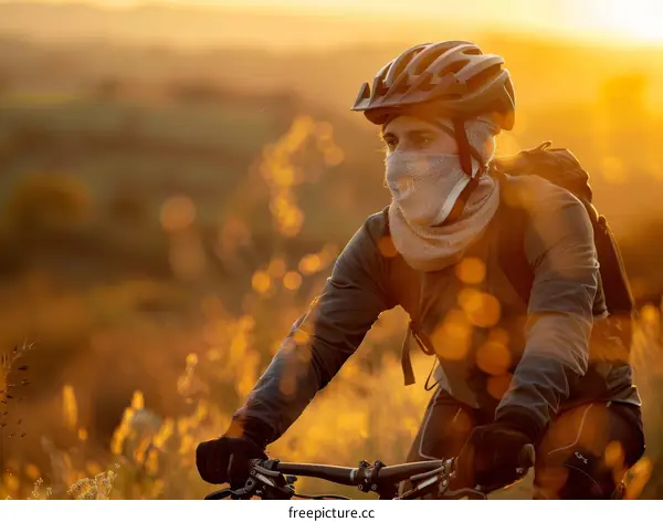 Cyclist riding through a field of wheat at sunset