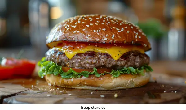 A delicious cheeseburger with lettuce, tomato, and cheese.