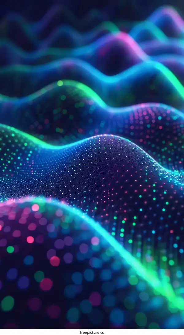 Colorful 3D rendering of a terrain with glowing particles