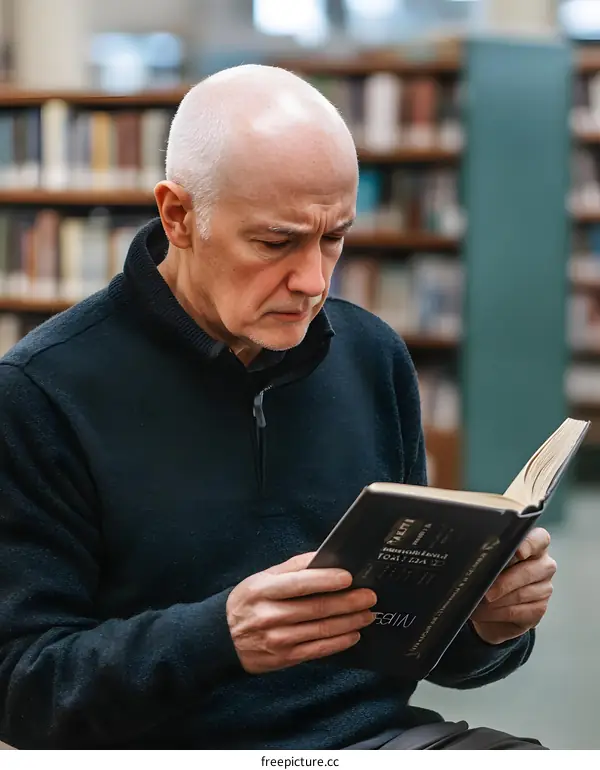 Senior Man Reading Book in Library