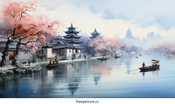 An illustration of a traditional Chinese water town with cherry blossoms