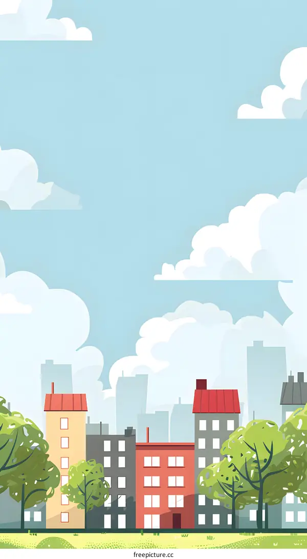 Cartoon Illustration Of A City Skyline With Buildings And Trees