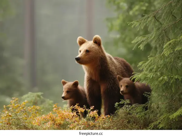 Brown Bears in Forest  Mother and Cubs