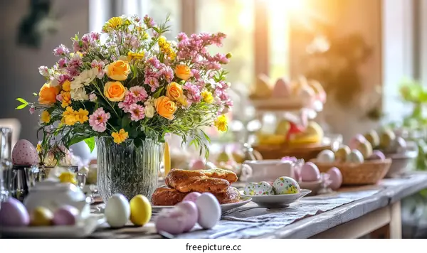 Easter Festive Table Setting with Flowers and Eggs