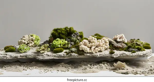 Green and White Moss Arrangement on Grey Background