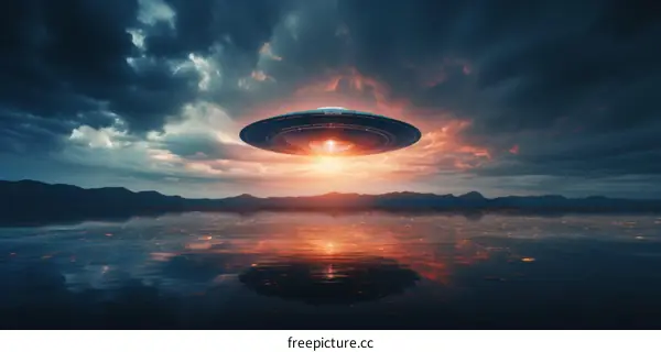 UFO Over Lake at Sunset