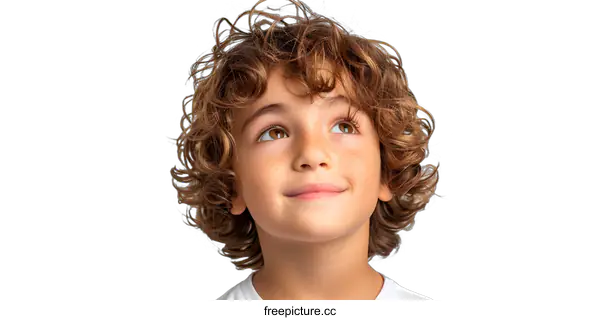 [Transparent Background PNG]Portrait of a happy young boy with curly hair looking up